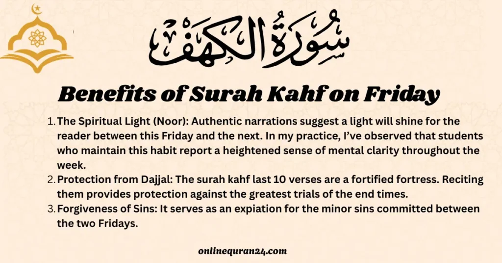 An open Quran showing the benefits of Surah Kahf on Friday with a soft glowing light effect, symbolizing spiritual protection and guidance.