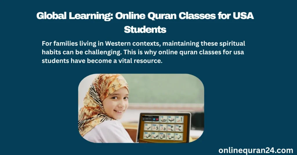 A young student in America using a laptop to attend online quran classes for USA students through the Online Quran 24 digital platform.