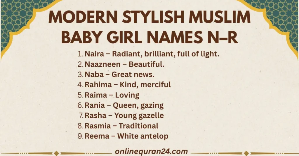A stylish, modern pink-themed baby announcement card featuring elegant gold calligraphy, highlighting the latest Muslim baby girl names from N to R for 2026.