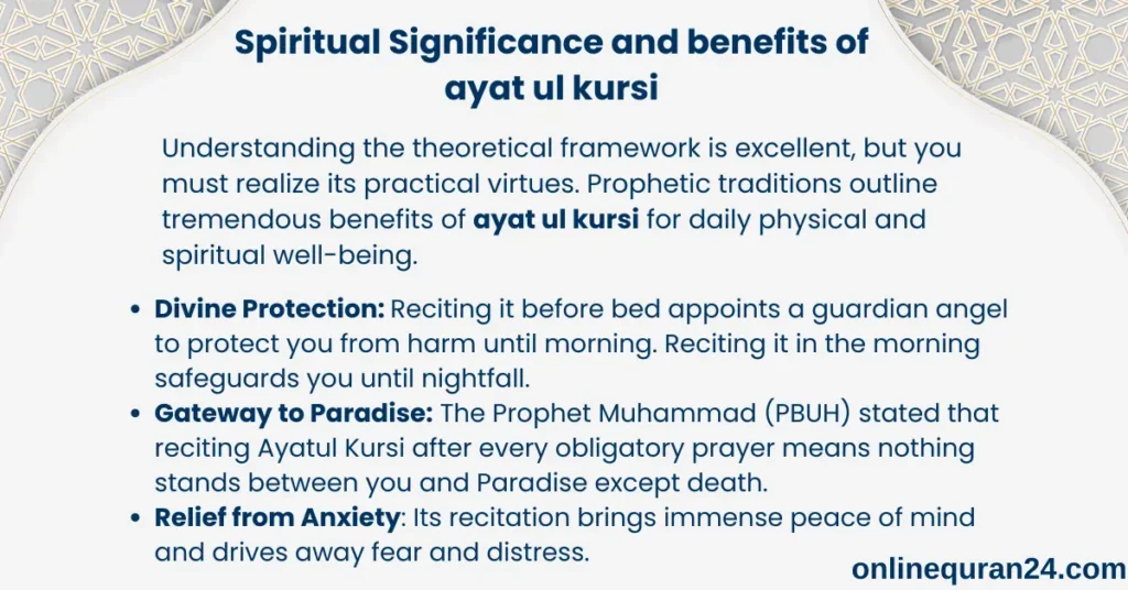 An educational infographic detailing the spiritual significance and benefits of Ayat ul Kursi, featuring clean typography and elegant Islamic geometric borders.