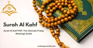 A digital tablet displaying a Surah Al Kahf PDF on a wooden stand with prayer beads, highlighting the primary keyword for Friday recitation.