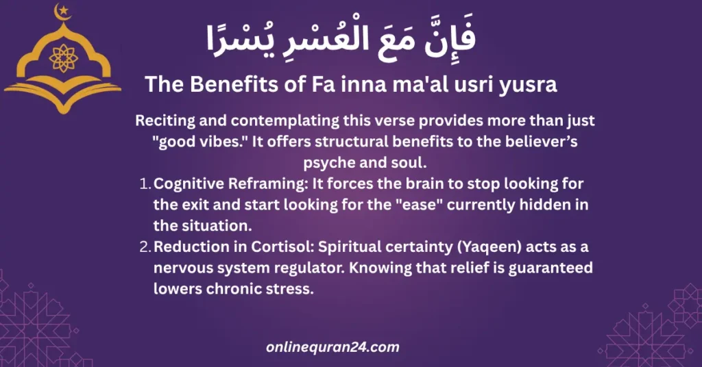 An inspirational graphic highlighting the benefits of Fa inna ma'al usri yusra, featuring soft aesthetic tones and a person looking toward a bright horizon.