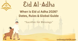 Traditional morning prayer gathering outside a mosque celebrating Eid ul Adha 2026 dates with community members greeting each other.