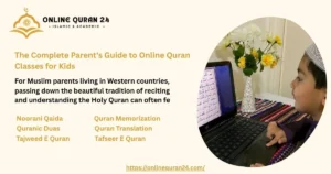 The Complete Parents Guide to Online Quran Classes for Kids A mother helping her young son during his online Quran classes for kids on a tablet.