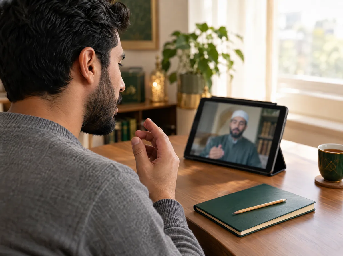 Adult beginner practicing letter pronunciation with a male Noorani Qaida teacher on a tablet video call