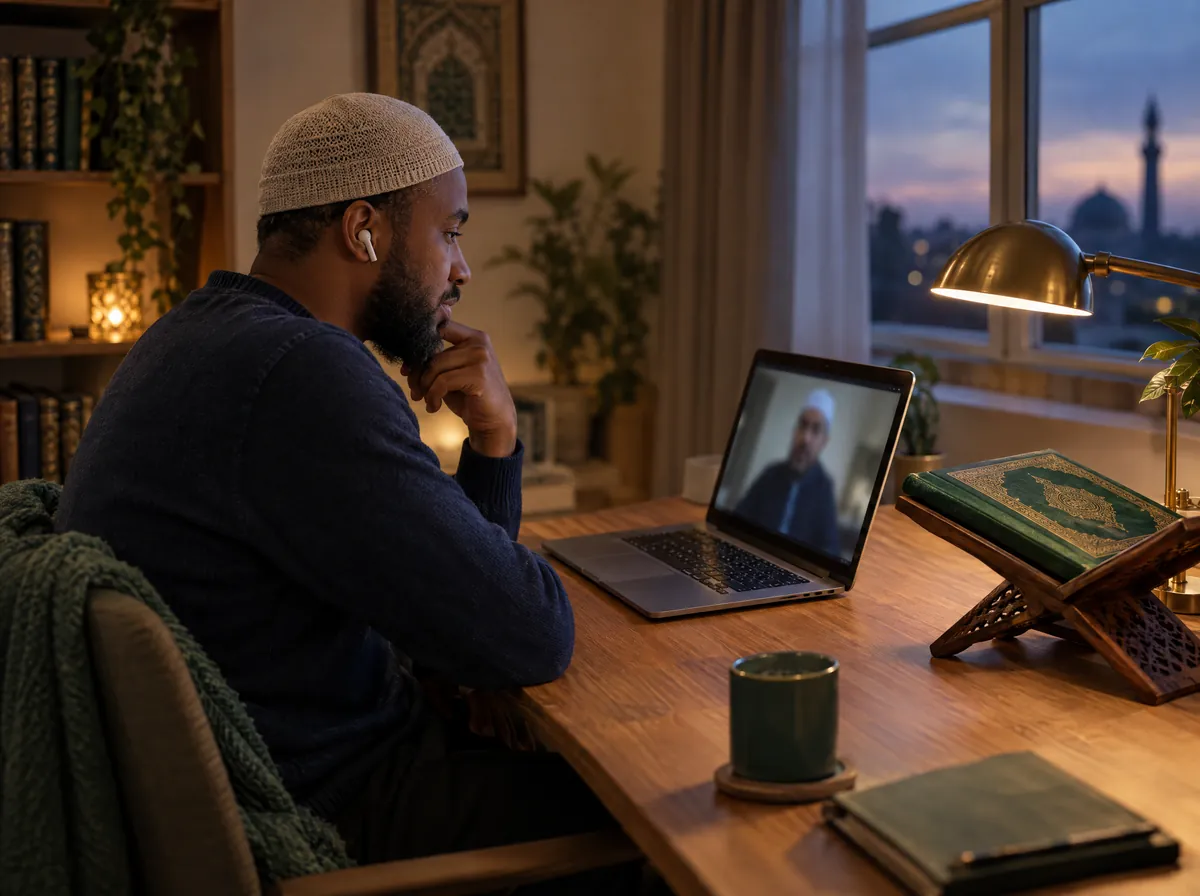 Adult student attending a 30-minute 1-on-1 online Quran class in the evening with a closed Mushaf on a stand