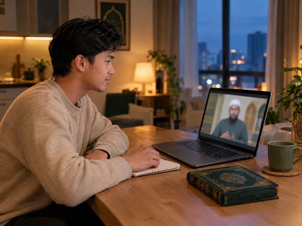 Young adult student follows his online Quran tutor on a laptop during an evening class at home