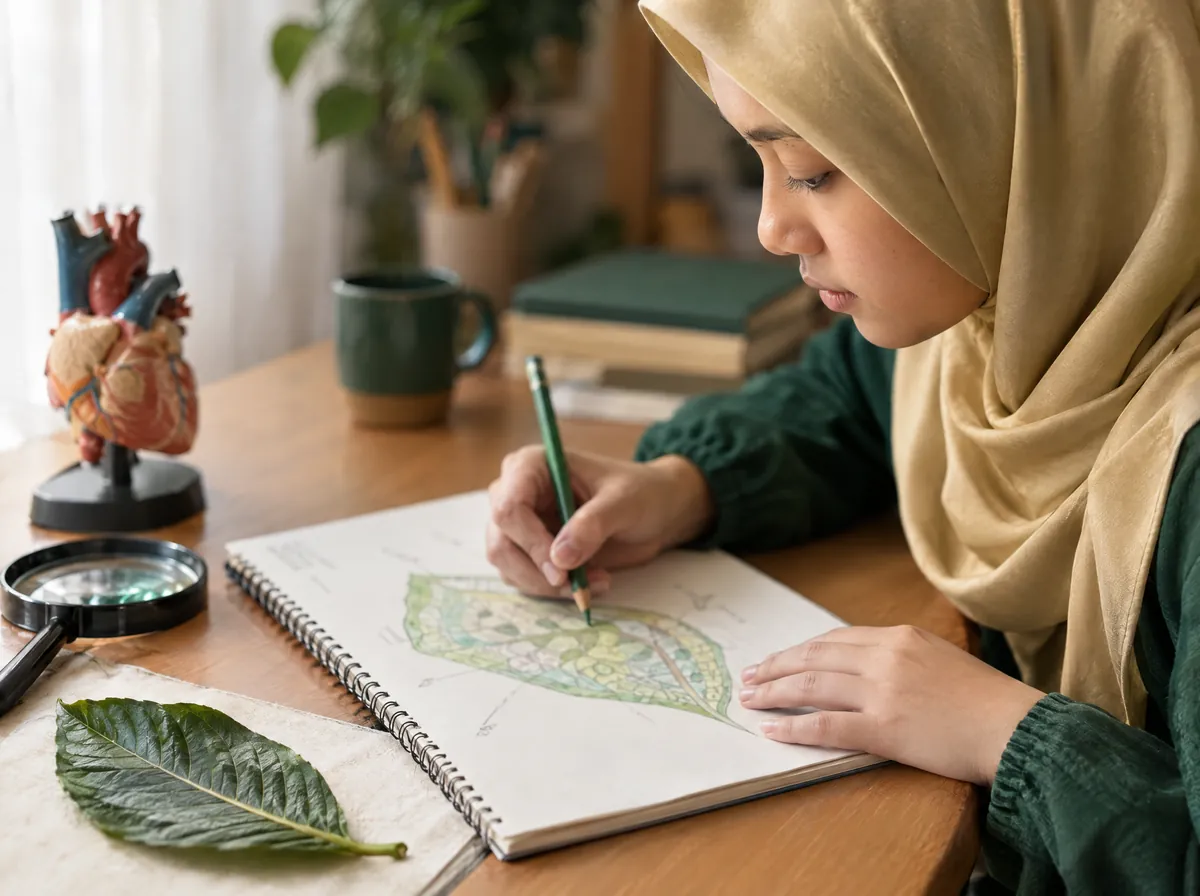 Student sketches a leaf structure diagram next to a real leaf and a heart model while revising biology