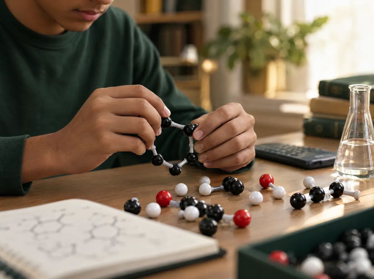 chemistry tutoring organic molecule model kit practice Student builds a carbon ring with a molecular model kit while practicing organic chemistry structures