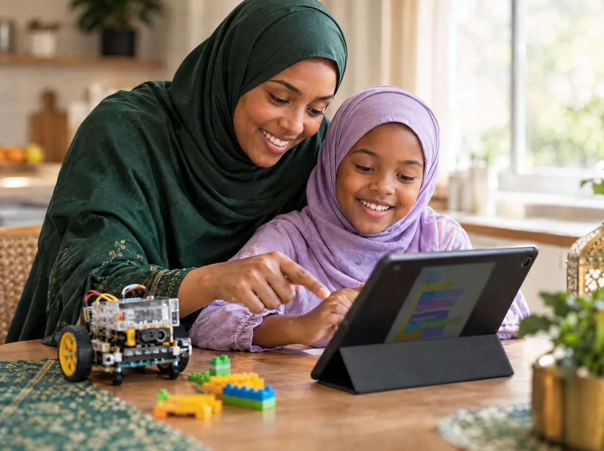 Young girl building a block-coding program on a tablet in an online coding class as her mother helps