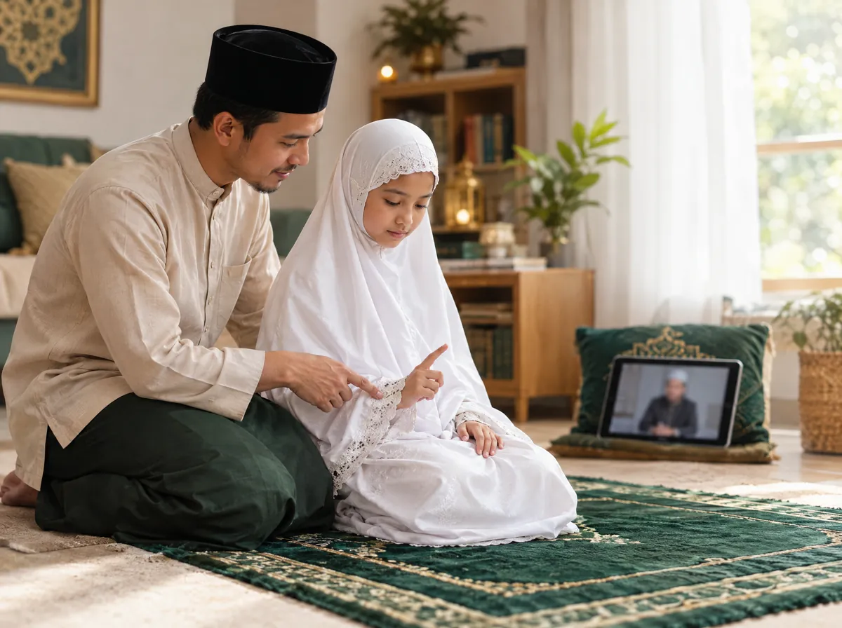 Father guiding his daughter through a salah position on a prayer mat as part of kids Islamic studies at home