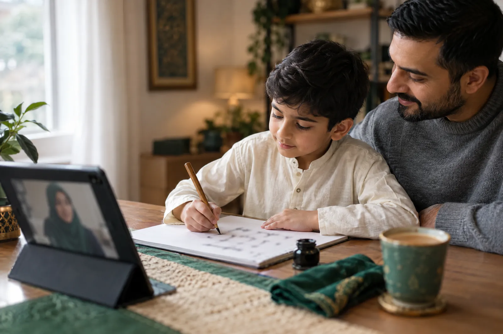 Boy practicing handwriting with a reed pen in an online Urdu class while his father watches beside him