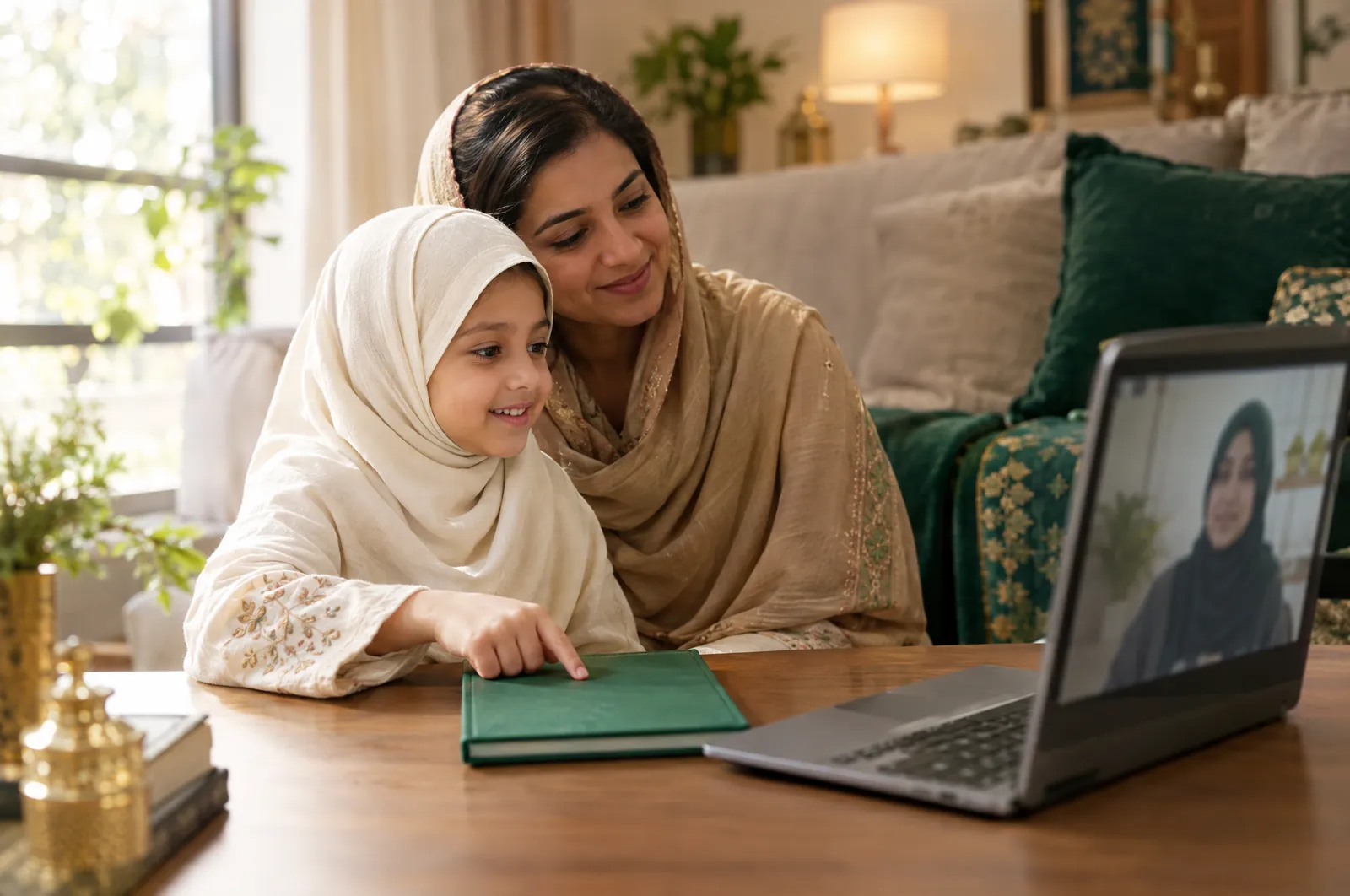 Young girl in a Noorani Qaida online class with her mother and a female teacher