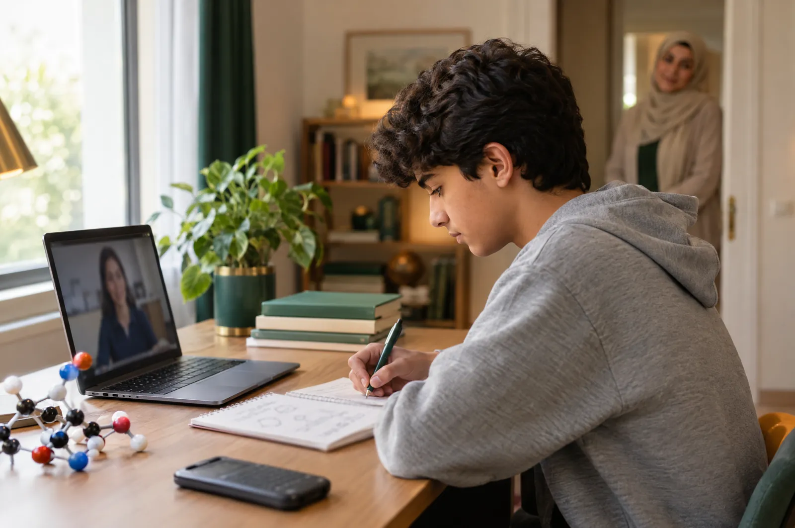 Teen student taking a 1-on-1 online academic tutoring lesson with a molecular model kit on his desk