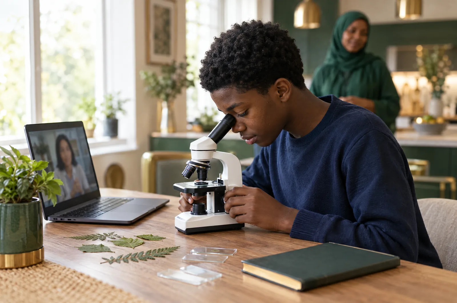 Teenage student looks through a microscope beside leaf specimens during an online biology tutor lesson