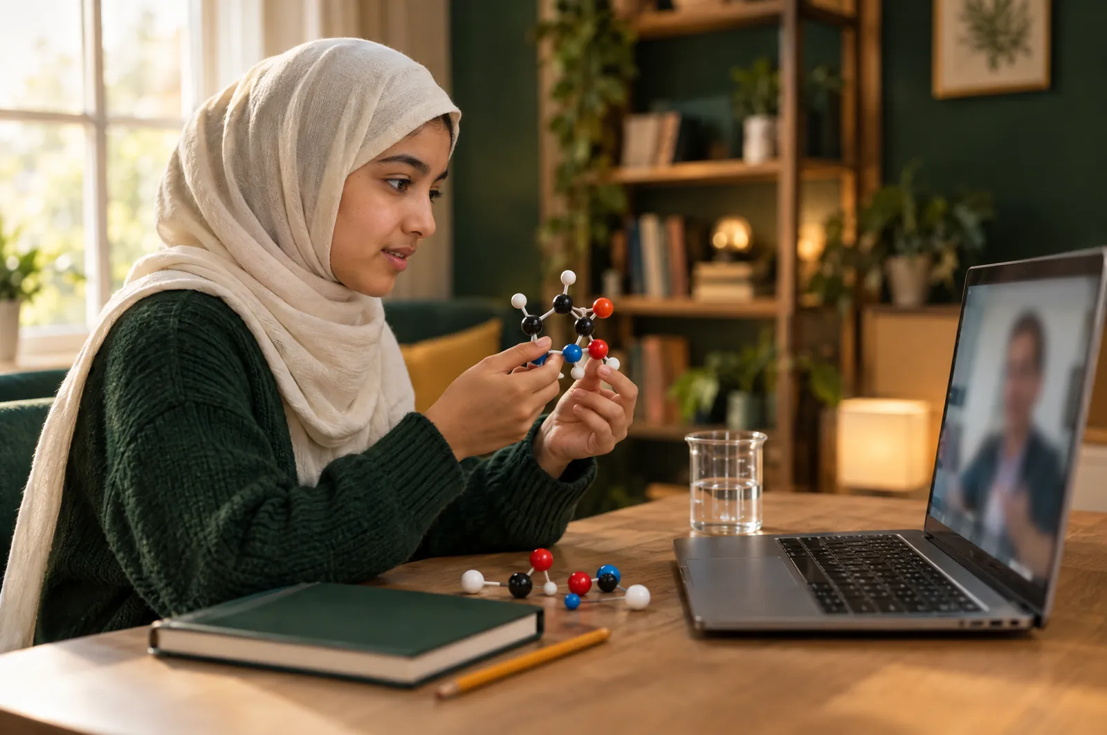 online chemistry tutor student molecular model video class Student in a hijab holds a molecular model during a live online chemistry tutor session on her laptop