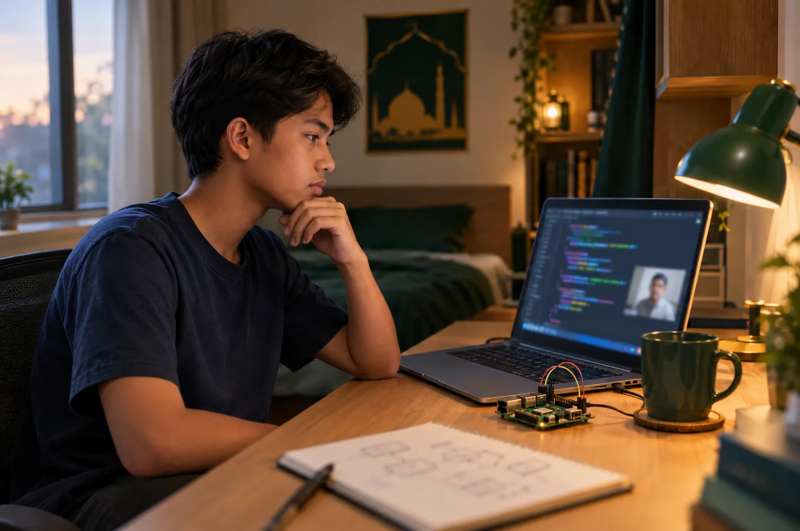 Teen reviewing code on a laptop during a lesson with his online computer science tutor, a small circuit board beside him