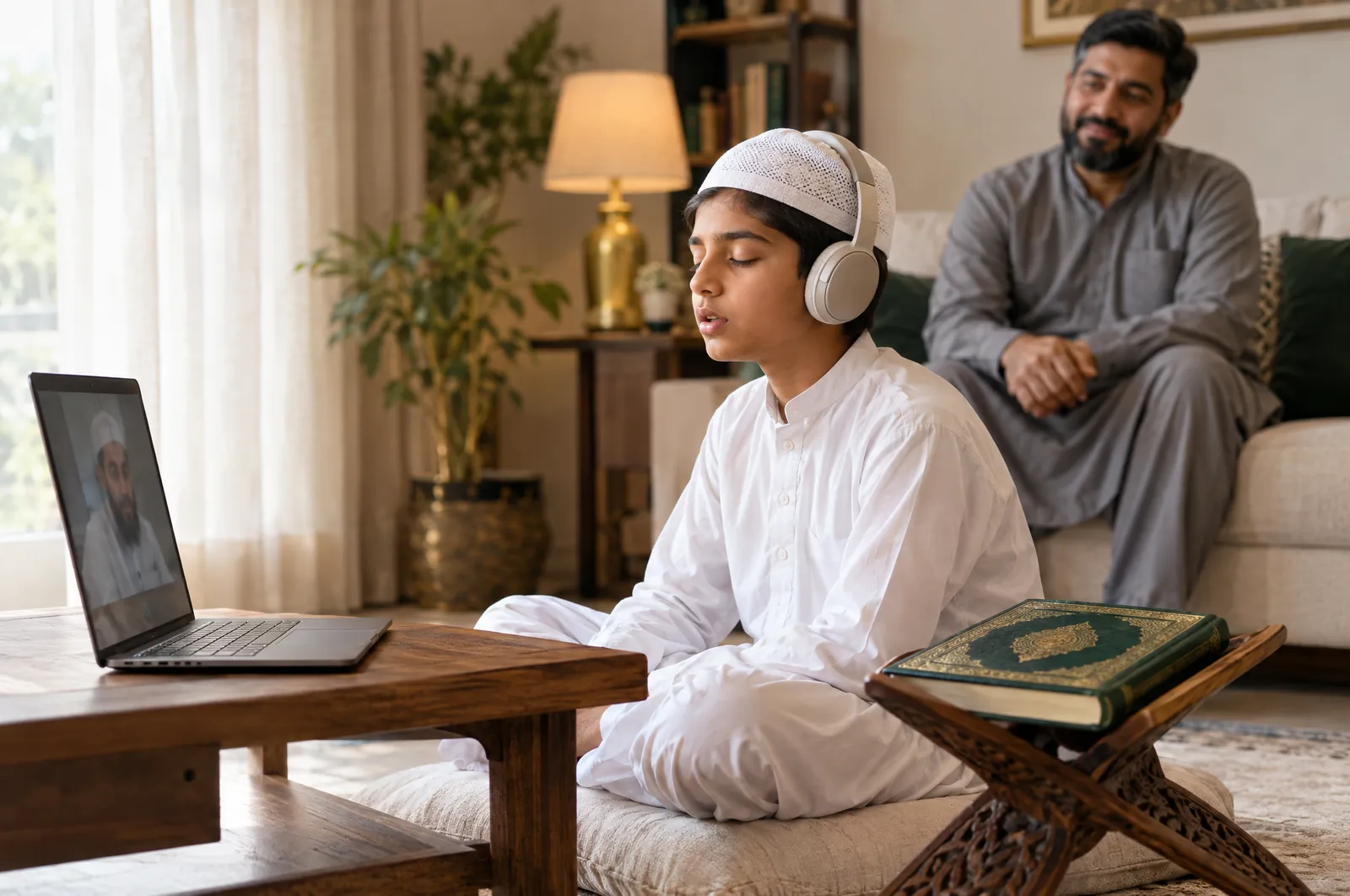 Boy reciting Quran from memory in an online Hifz class