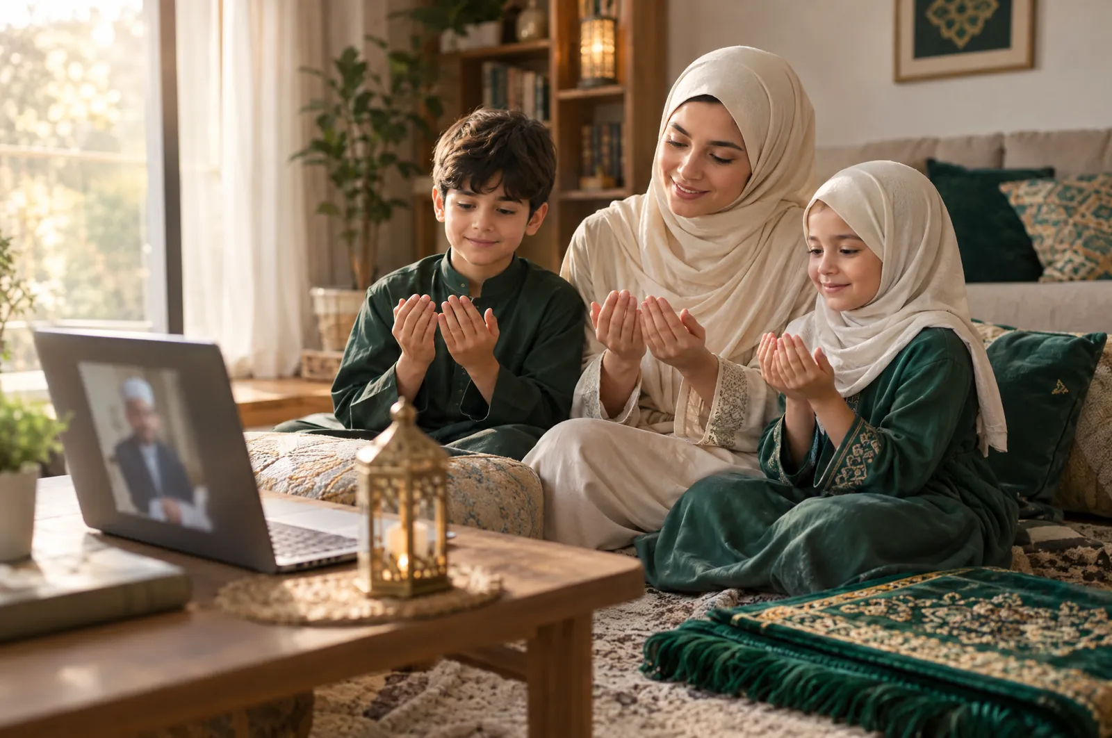 Mother and two children raising hands in dua during an online Islamic studies class