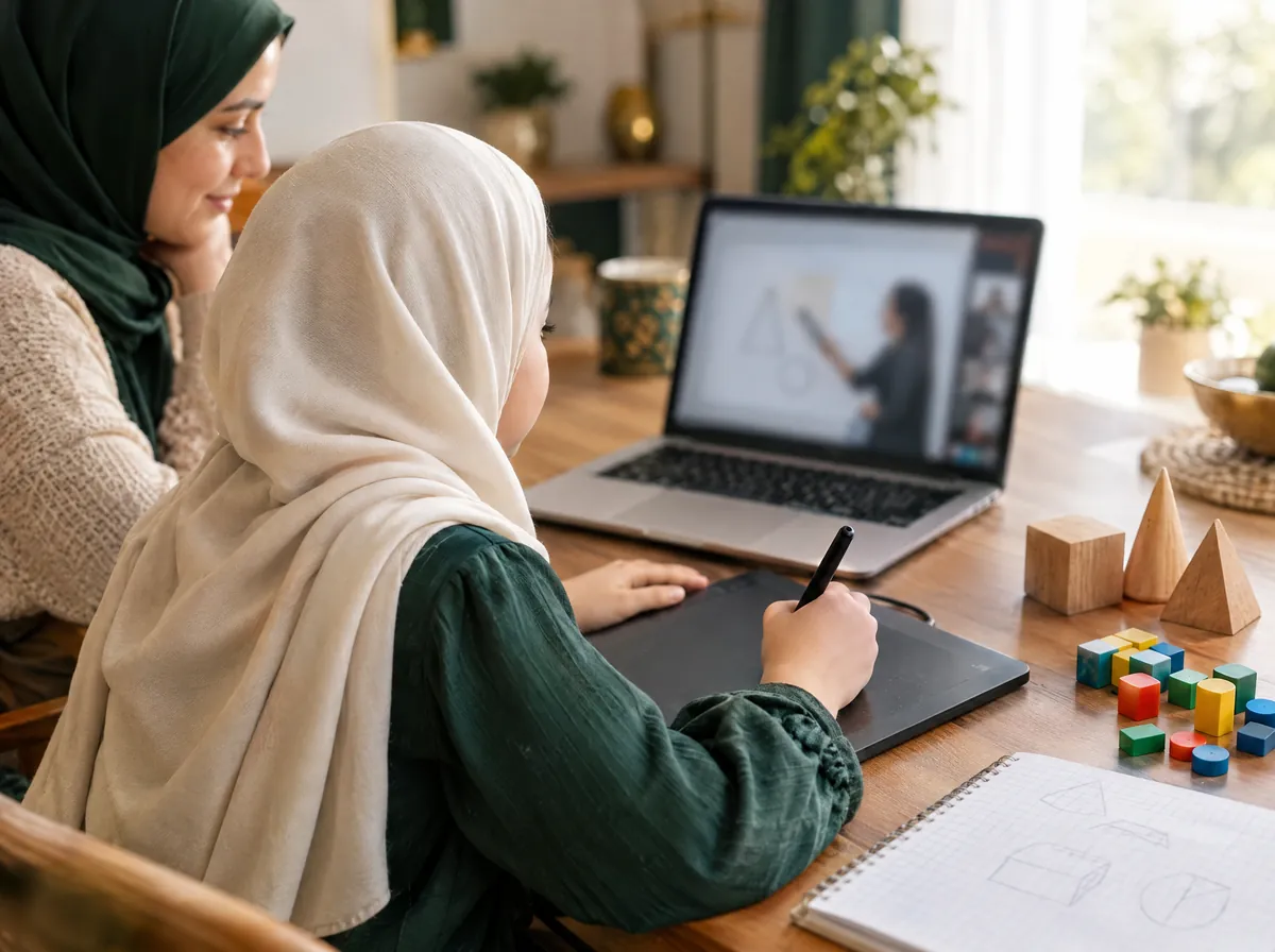 Girl using a pen tablet on a shared digital whiteboard in an online math class while her mother watches