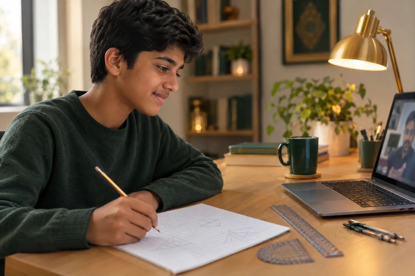Teen boy sketching geometry on graph paper during a live online math tutor session at home