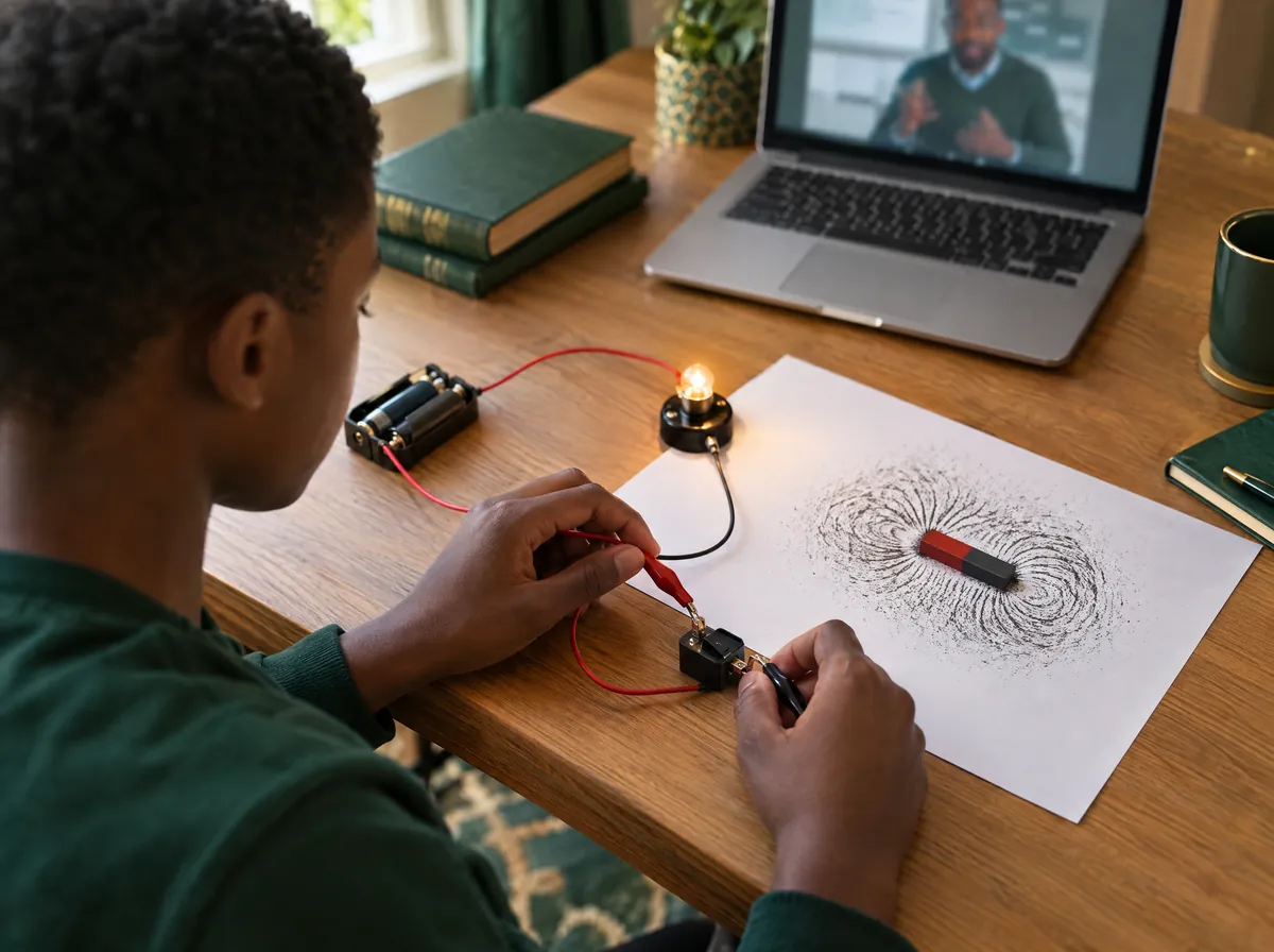 Student wiring a simple bulb circuit beside a bar magnet and iron filings in an online physics class