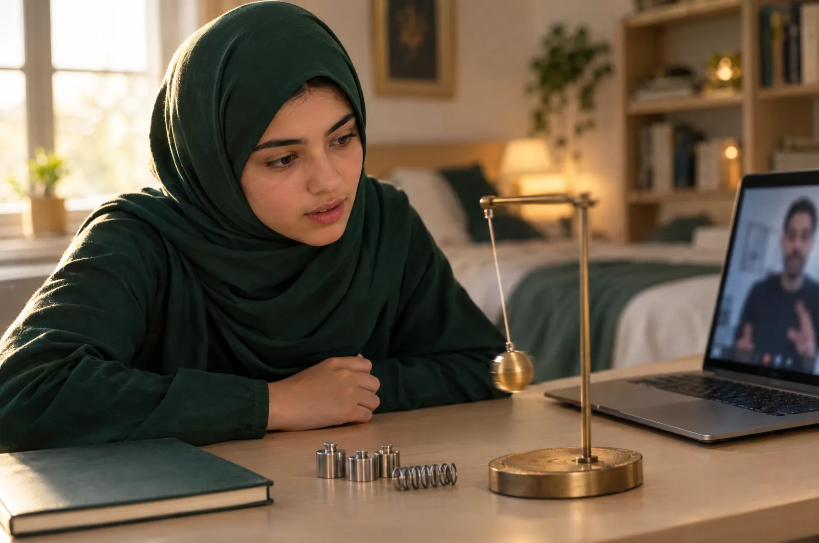 Teen girl in a hijab watching a swinging pendulum during a live online physics tutor lesson