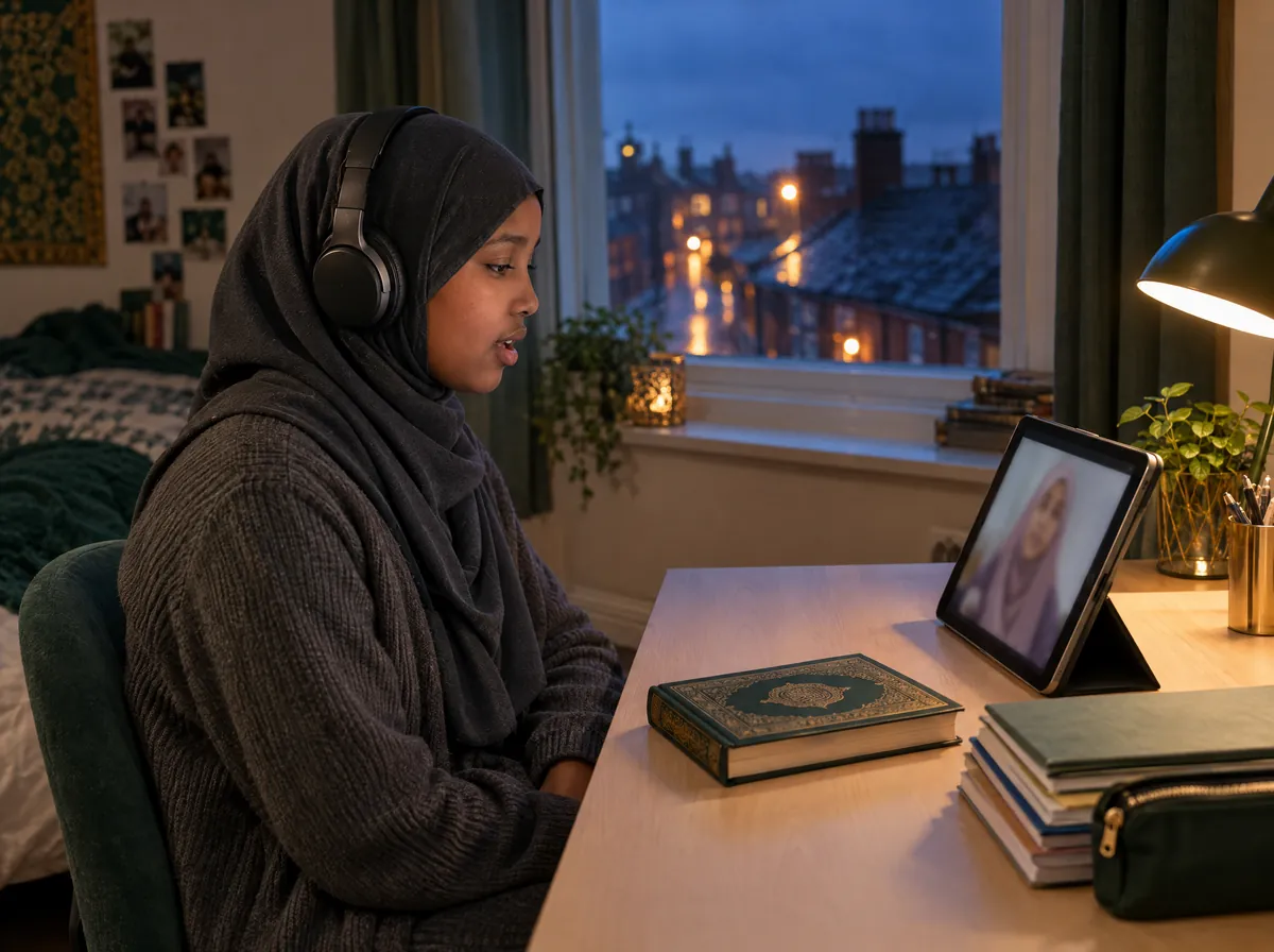 Teenage girl in hijab recites to a female teacher on a tablet in an evening online Quran class in the UK