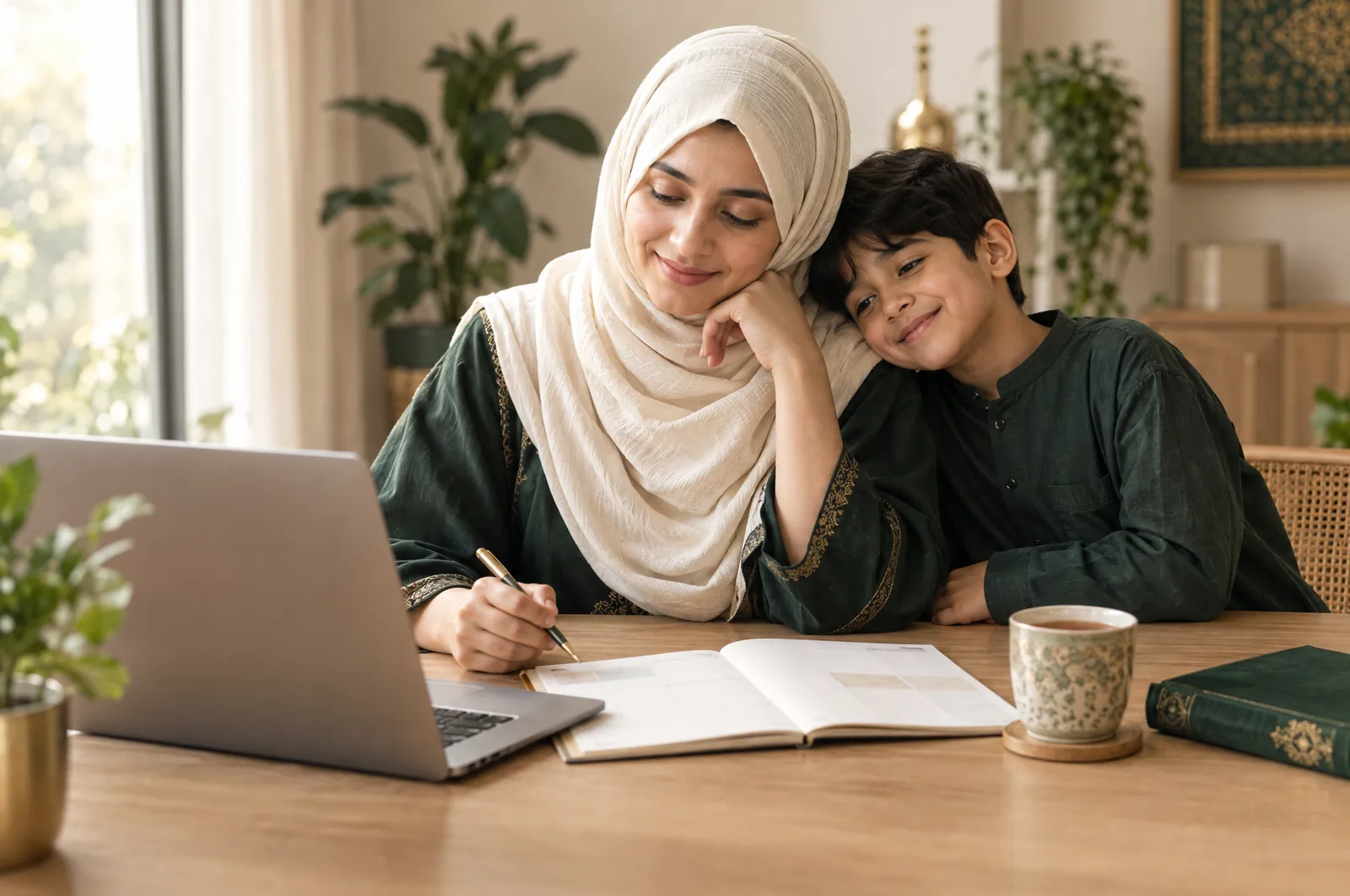 Mother planning her son's monthly online Quran classes fees and schedule at a kitchen table with a laptop