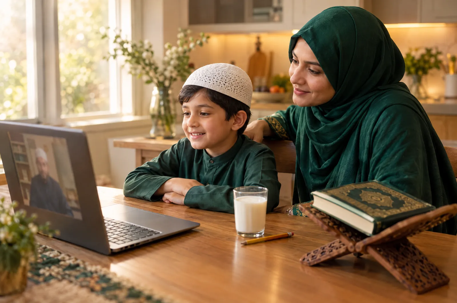 Young boy in an online Quran class for kids on a laptop while his mother sits beside him at home