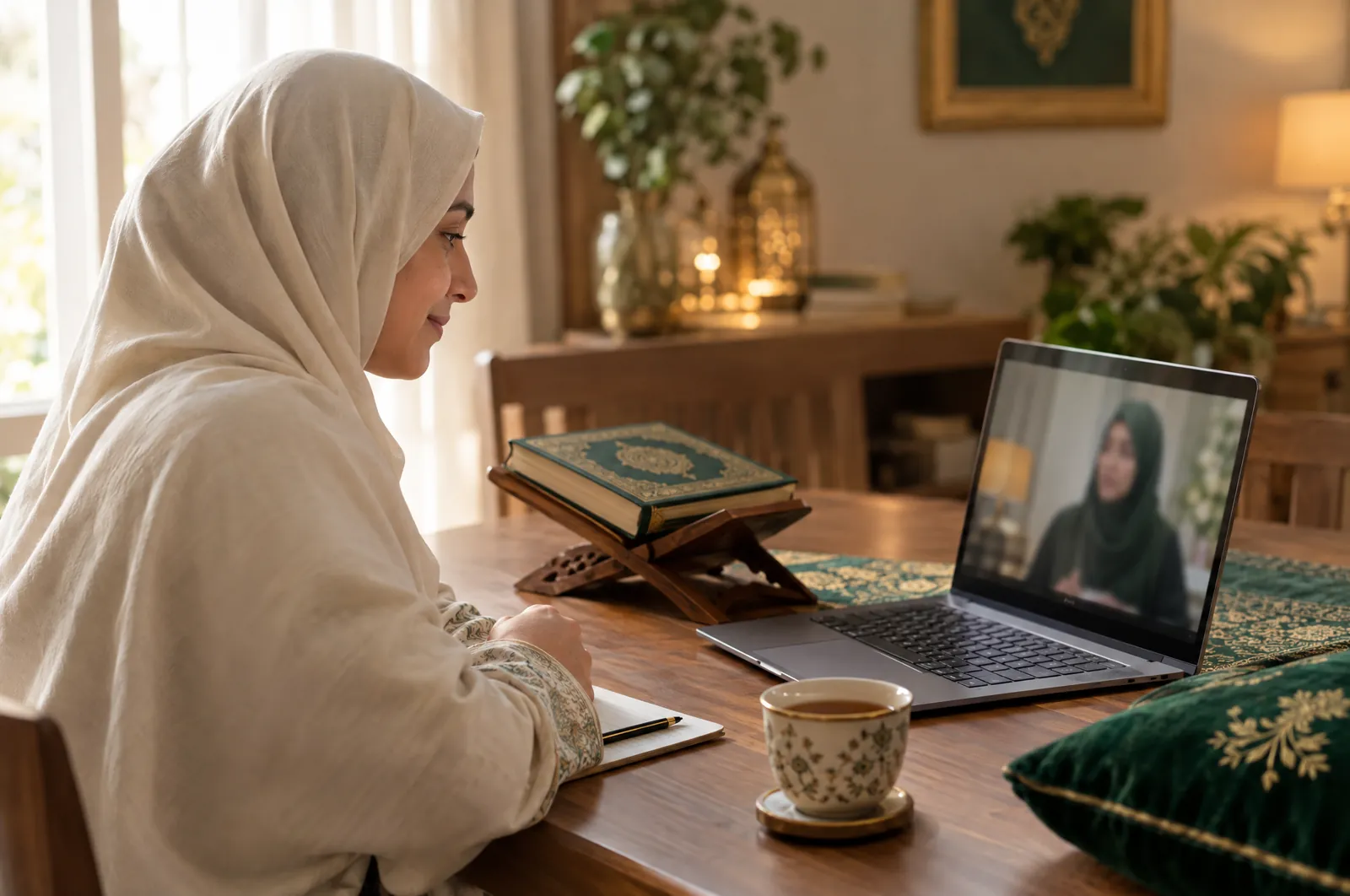 Woman joins online Quran classes for ladies with a female teacher on her laptop at home