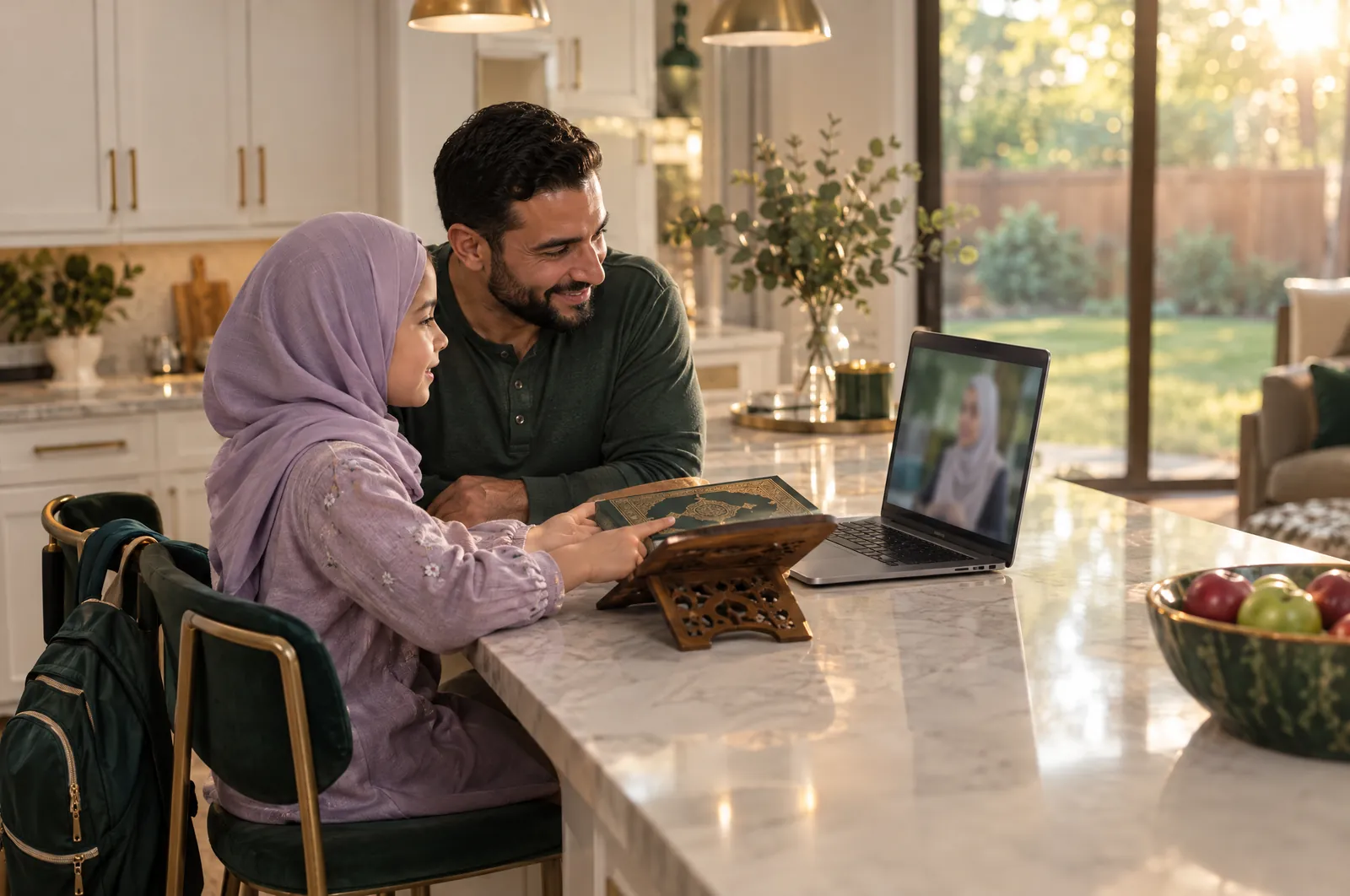 online quran classes usa girl with father after school Young girl in a lavender hijab takes online Quran classes in the USA at the kitchen island with her father beside her