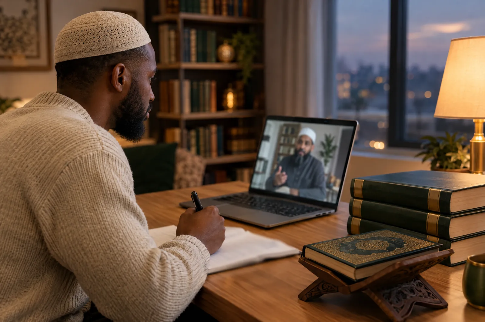 Adult student taking notes in a live online Quran Tafseer lesson