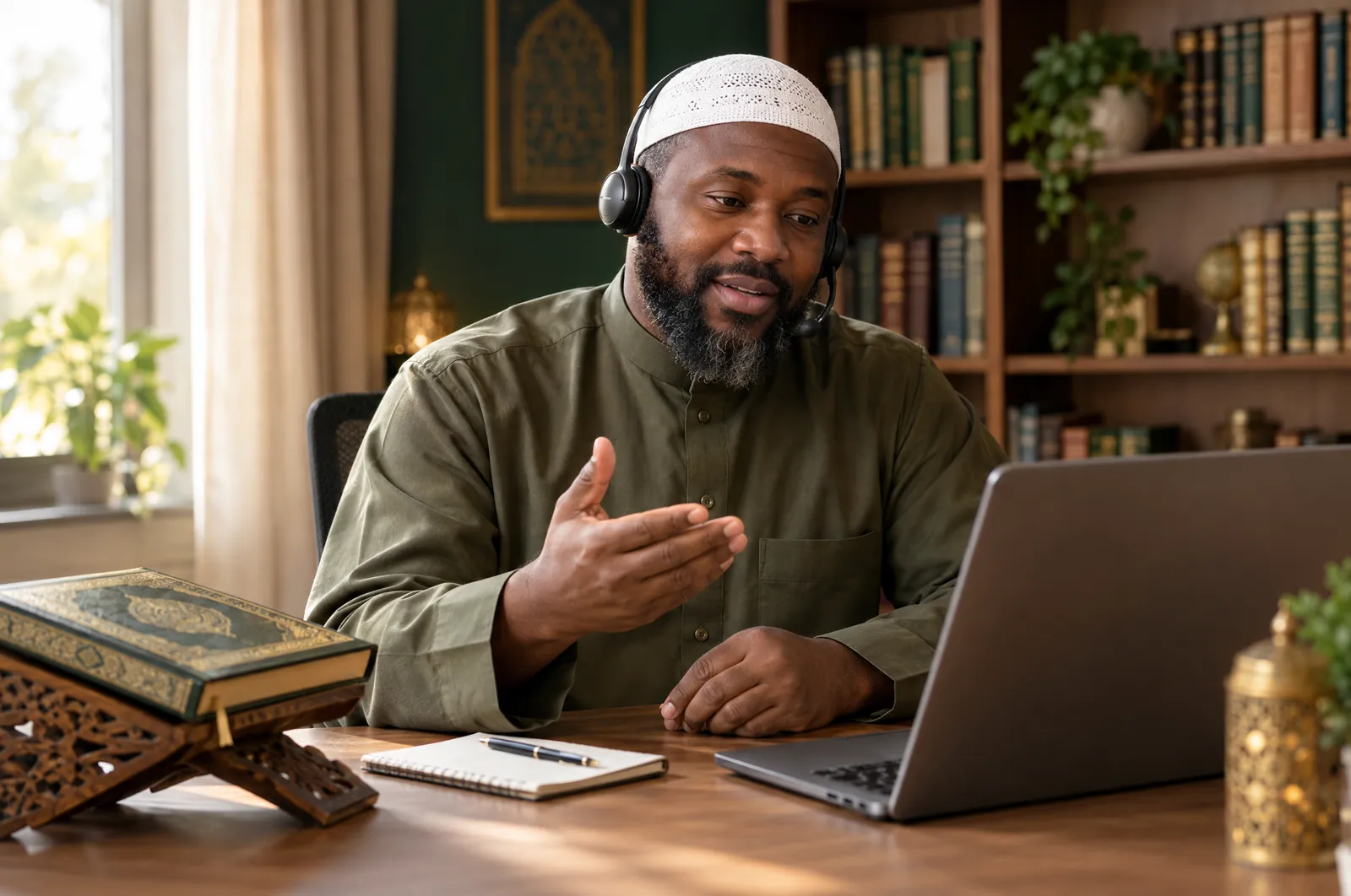 Online Quran teacher with a headset explains a lesson during a one-on-one video class