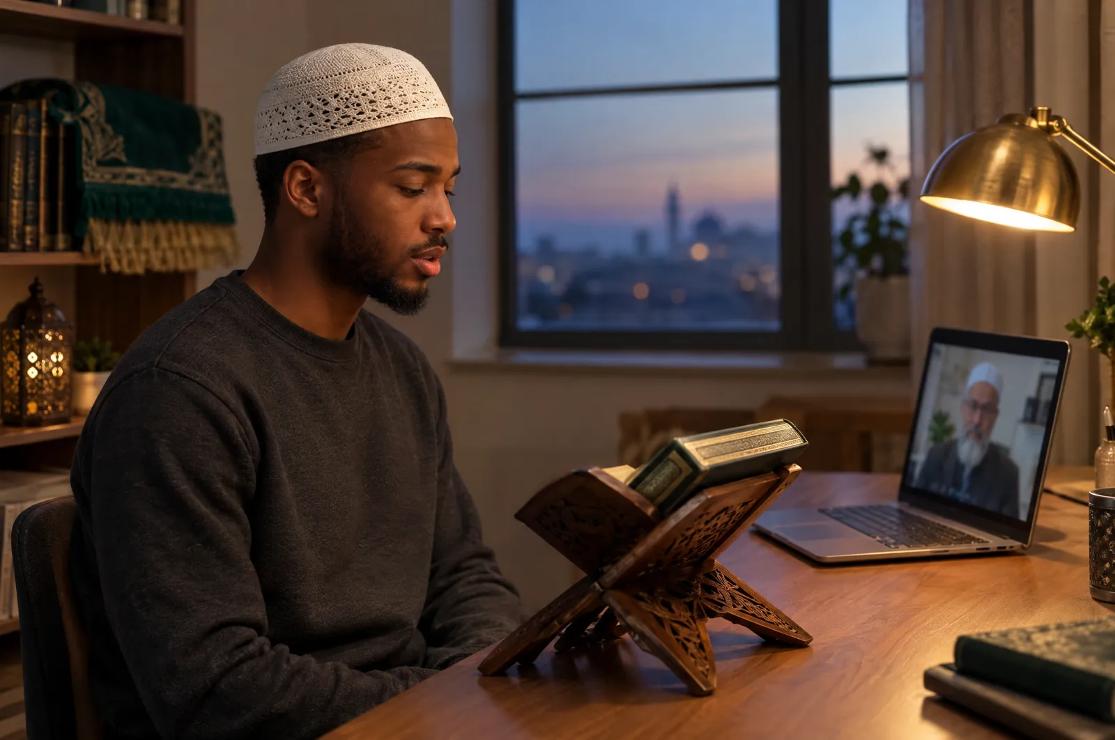 Adult student reciting from a Mushaf on a wooden stand during a live online Quran class