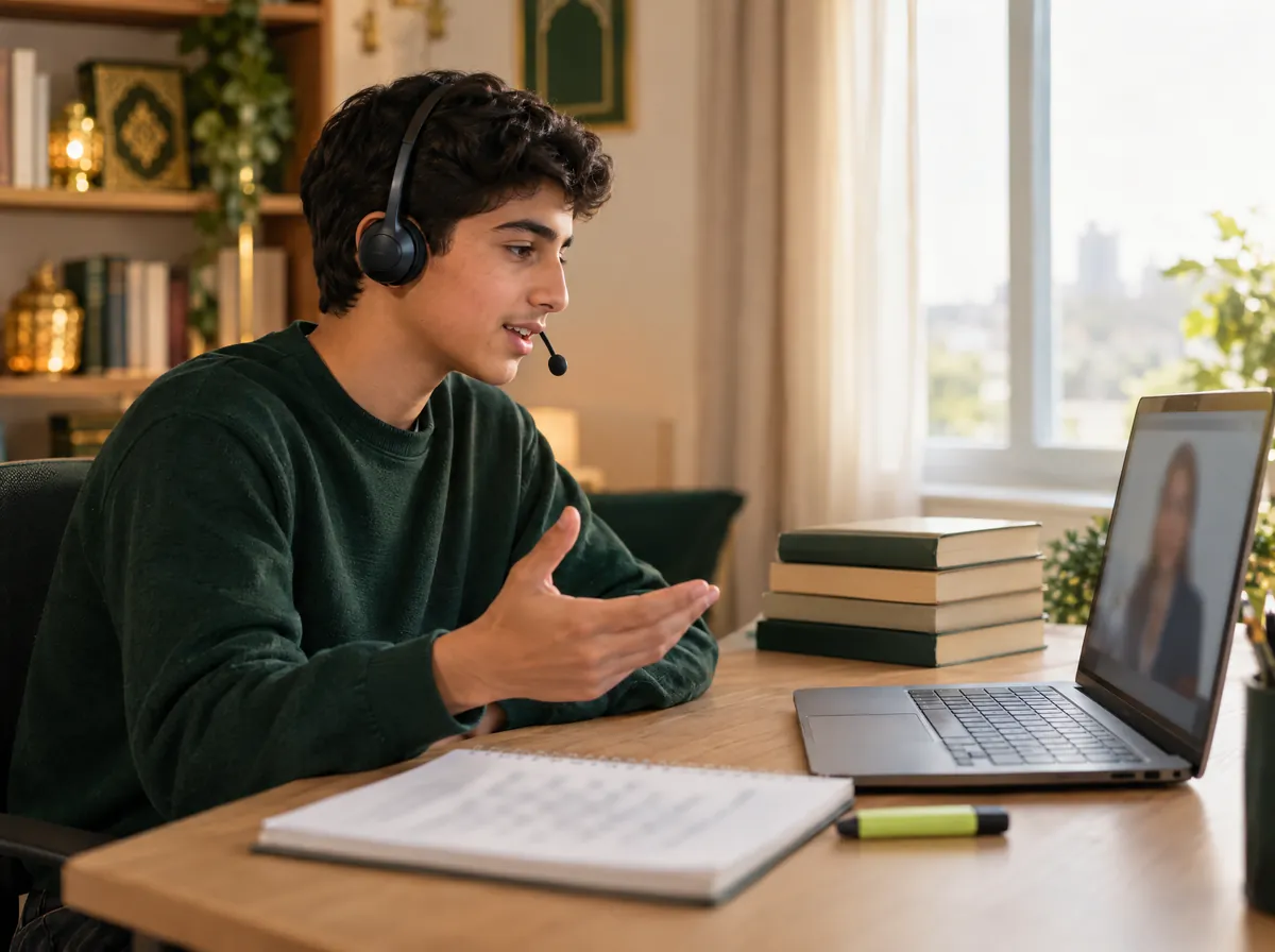 Teenage boy with a headset practicing conversation in a spoken English class online with his tutor