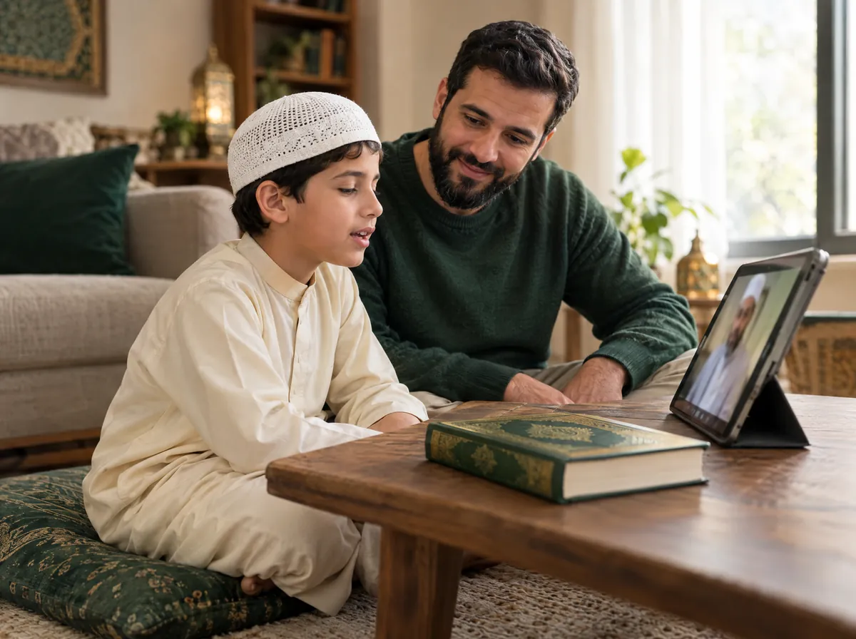 Boy reciting to his online Tajweed teacher on a tablet while his father sits beside him and listens